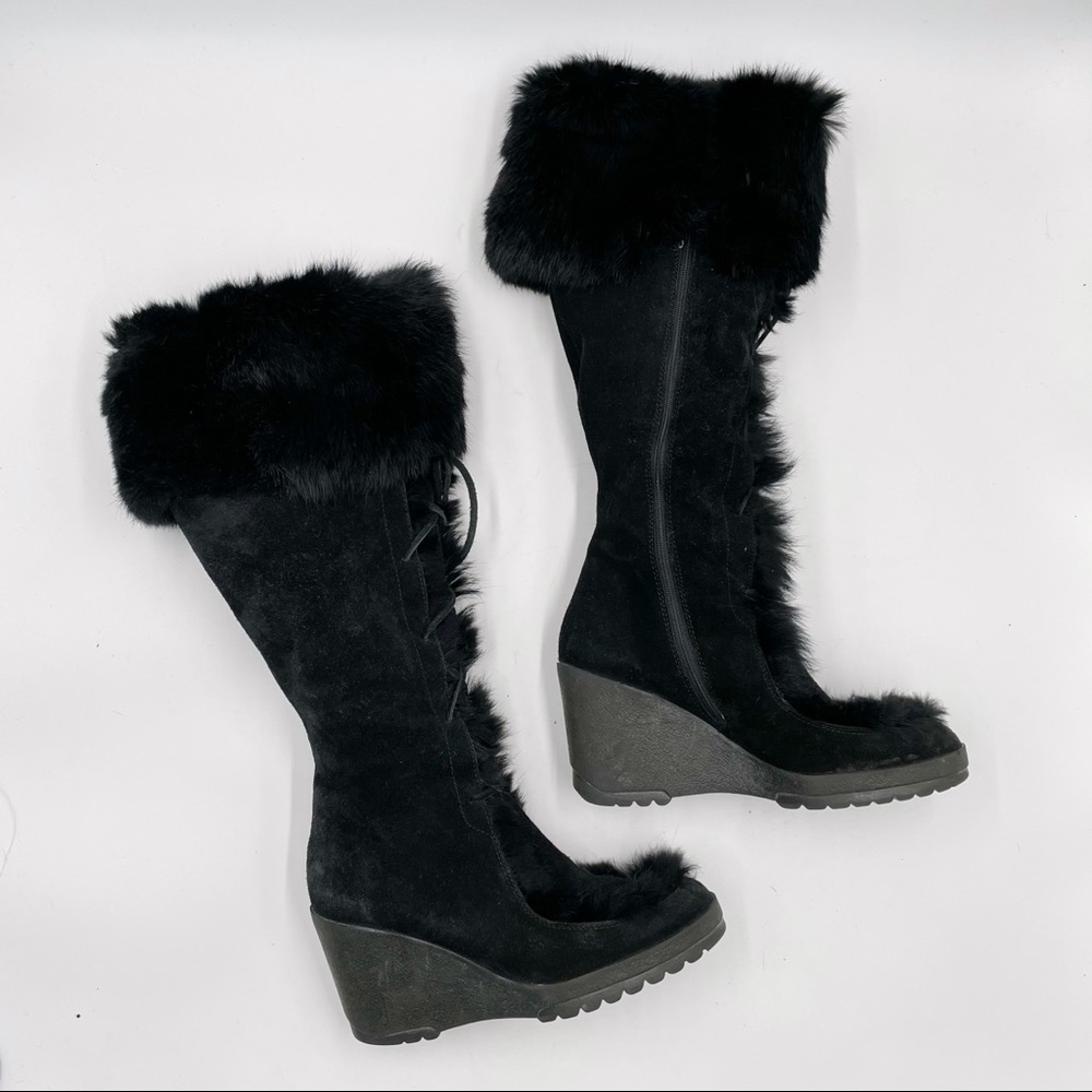 SOLD-Coach Karita Black Wedge Boots Suede Leather Rabbit Fur Knee Heels - Picture 1 of 11